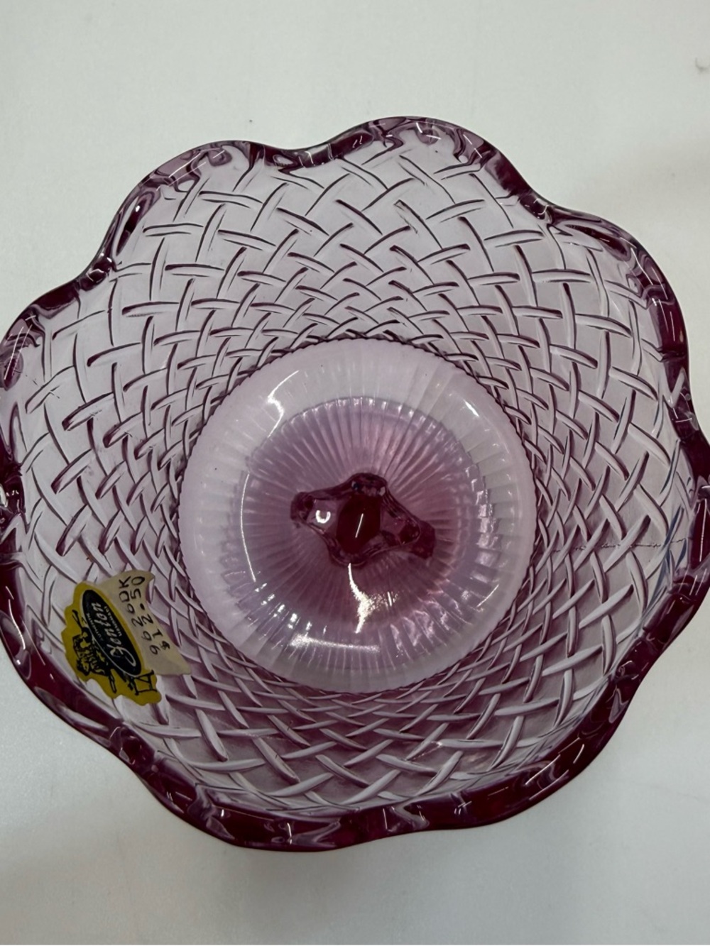 Fenton Pink Basket Weave Ribbon Bow Pedestal Compote Dish Original Sticker NEW - Picture 7 of 8